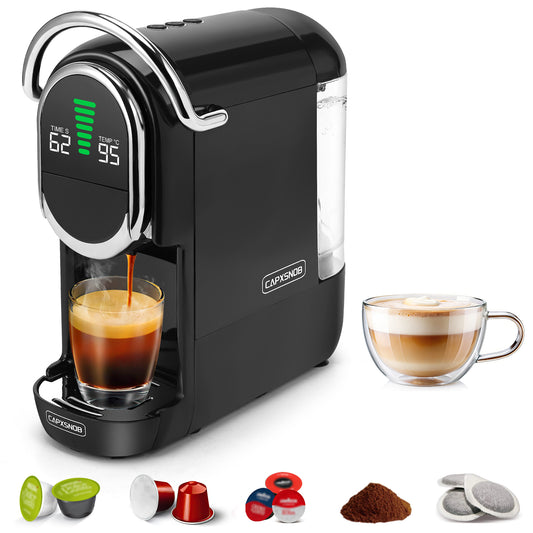 Magician1 Mini Macchina da Caffè Cialde 5in1 per Nespresso Originali, Dolce Gusto, Lavazza A Modo Mio Capsula, ESE 44mm Cialde e Caffè Macinato, 20 Bar, 1450W, Display LED, Acqua Regolabili 7 Livelli