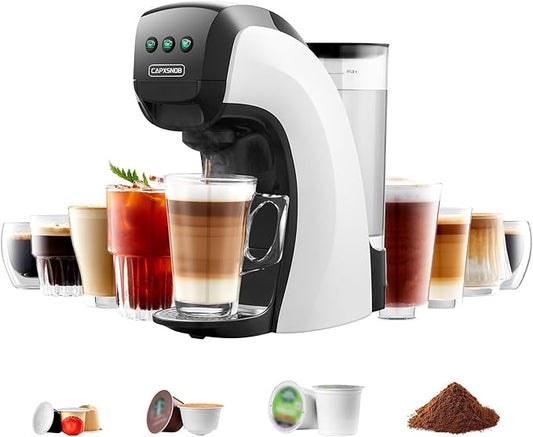 Multi-Compatible Espresso Machine in White with Various Coffee Drinks Display