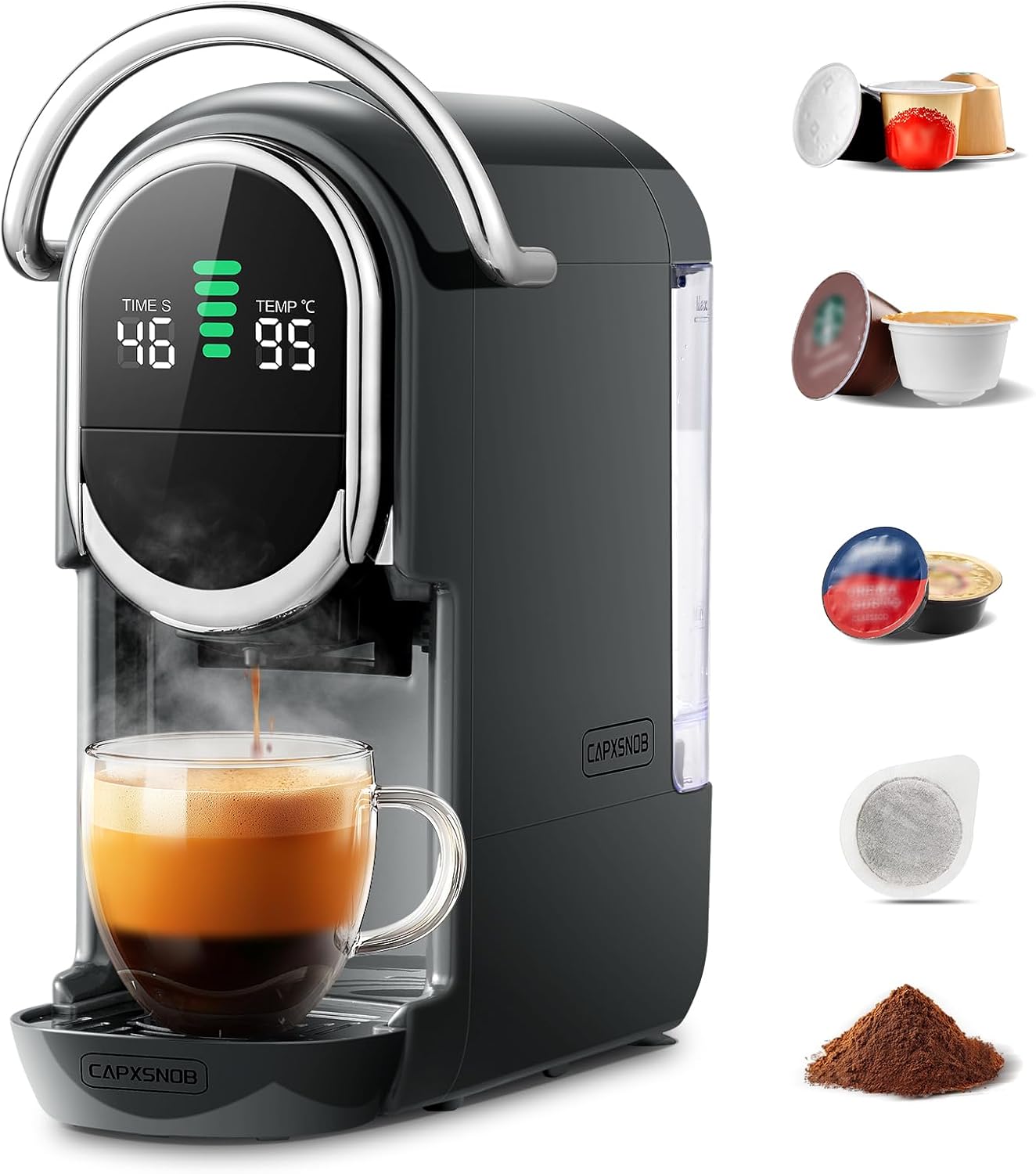 Magician1 Mini Macchina da Caffè Cialde 5in1 per Nespresso Originali, Dolce Gusto, Lavazza A Modo Mio, ESE 44 Cialde e Caffè Macinato, 20 Bar, 1450W, Display LED, Acqua Regolabili 7 Livelli (Rosso)