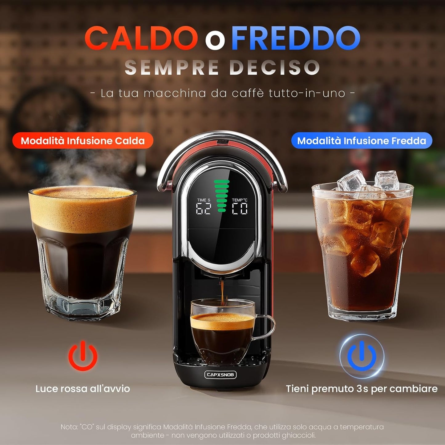 Magician1 Mini Macchina da Caffè Cialde 5in1 per Nespresso Originali, Dolce Gusto, Lavazza A Modo Mio, ESE 44 Cialde e Caffè Macinato, 20 Bar, 1450W, Display LED, Acqua Regolabili 7 Livelli (Rosso)