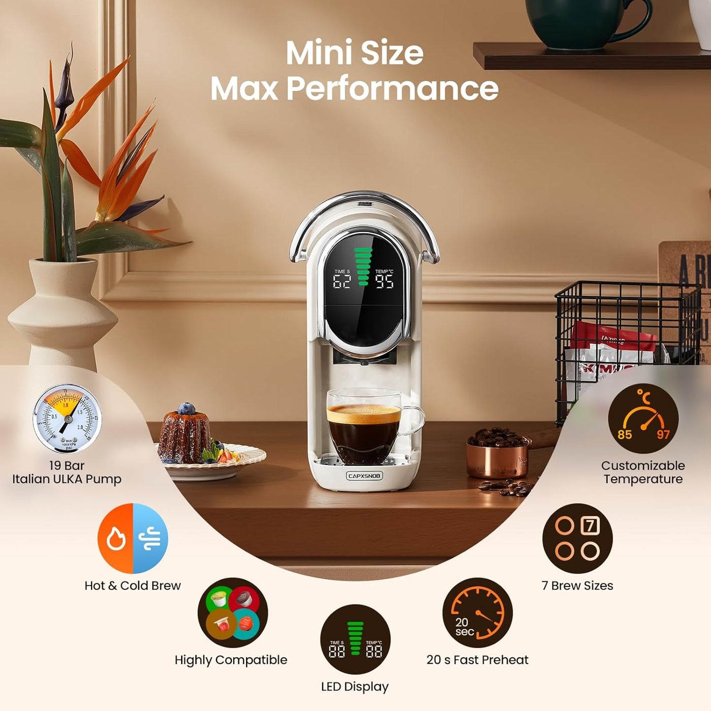 Magician1 Mini Pod Coffee Machines 5 in 1 for Nespresso Original OL, Dolce Gusto, Lavazza A Modo Mio Capsule, ESE 44mm Pads and Espresso Ground Coffee, 20 Bar, 1450W, Hot/Cold Brew for Home & Office
