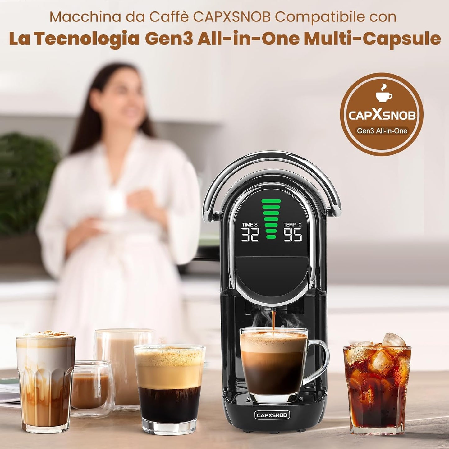 Magician1 Mini Macchina da Caffè Cialde 5in1 per Nespresso Originali, Dolce Gusto, Lavazza A Modo Mio Capsula, ESE 44mm Cialde e Caffè Macinato, 20 Bar, 1450W, Display LED, Acqua Regolabili 7 Livelli