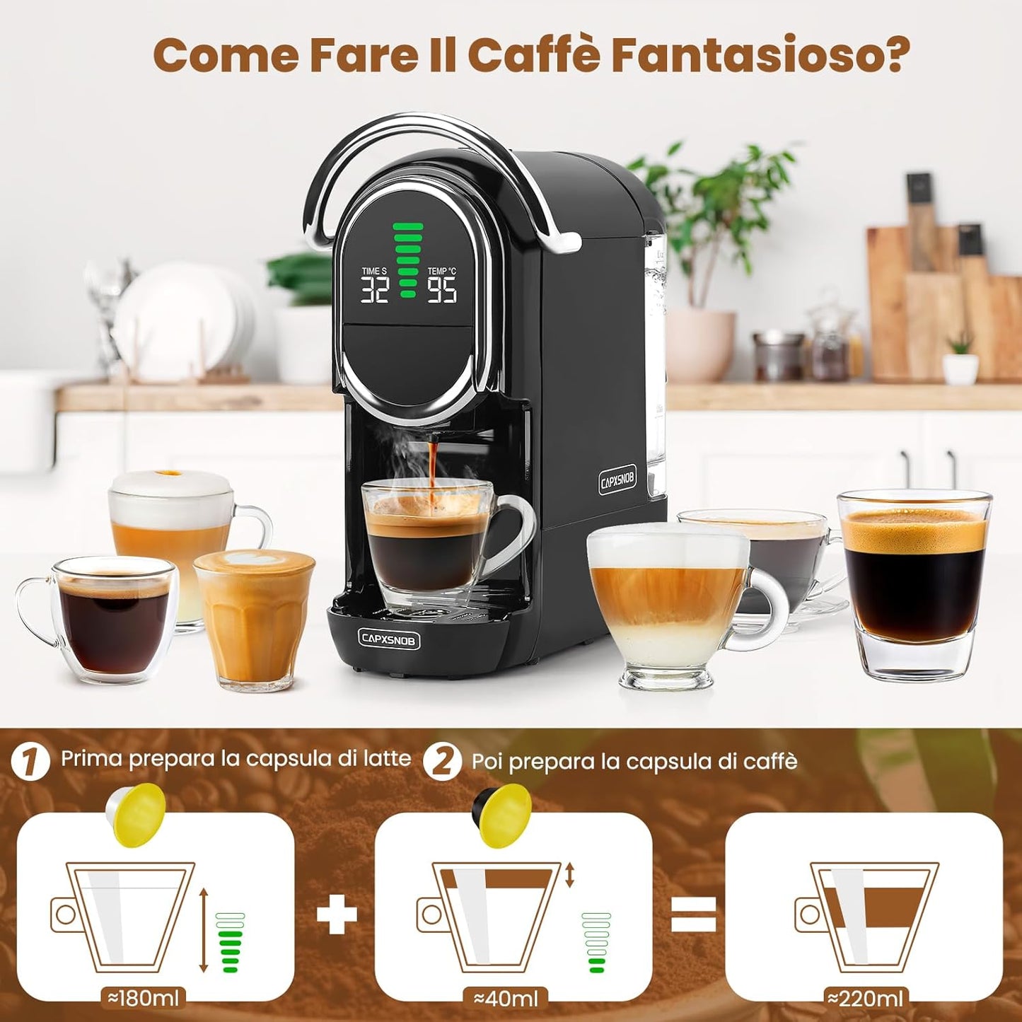 Magician1 Mini Macchina da Caffè Cialde 5in1 per Nespresso Originali, Dolce Gusto, Lavazza A Modo Mio Capsula, ESE 44mm Cialde e Caffè Macinato, 20 Bar, 1450W, Display LED, Acqua Regolabili 7 Livelli