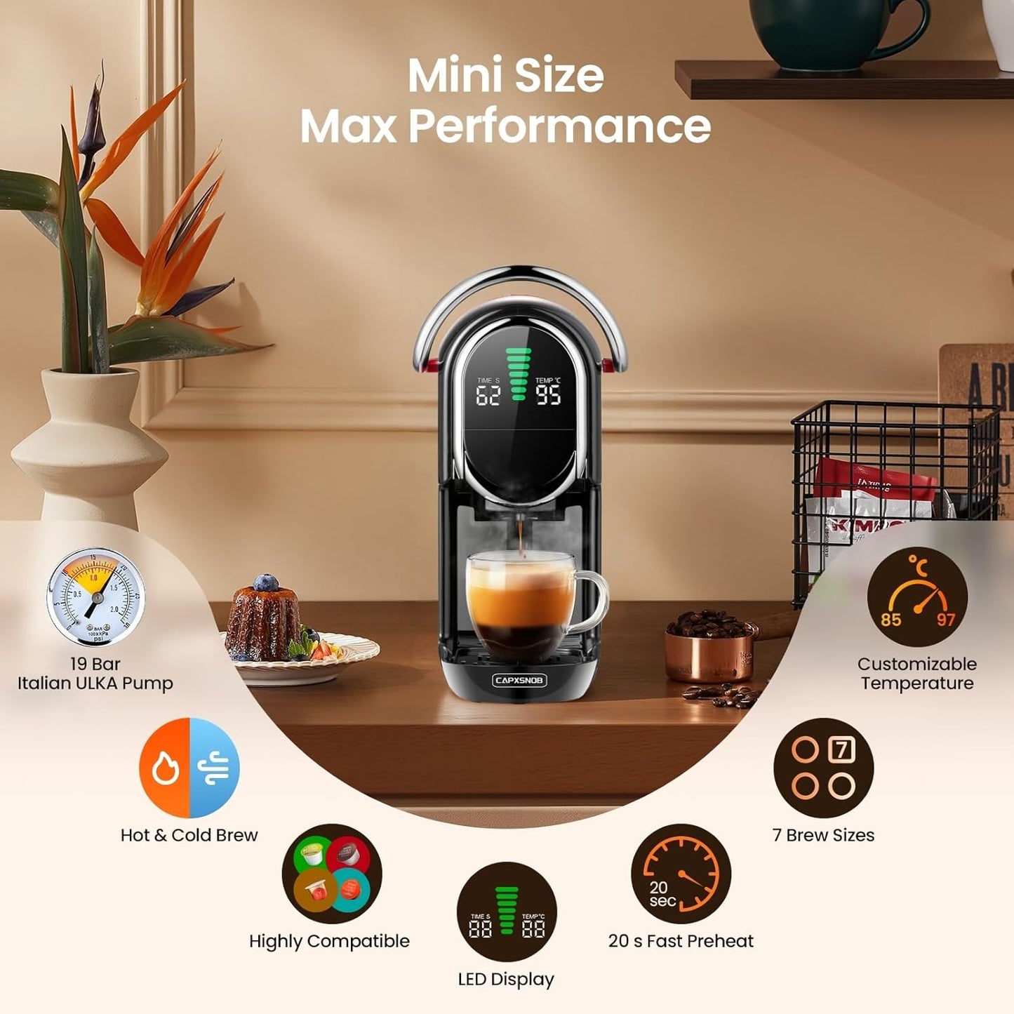 Magician1 Mini Espresso Machine for Nespresso Original, Dolce Gusto, Lavazza Blue, ESE Pods, 19-Bar Coffee Machine for Ground Coffee, Coffee Maker with adjustable Temp & Cup Size, 21oz Reservoir