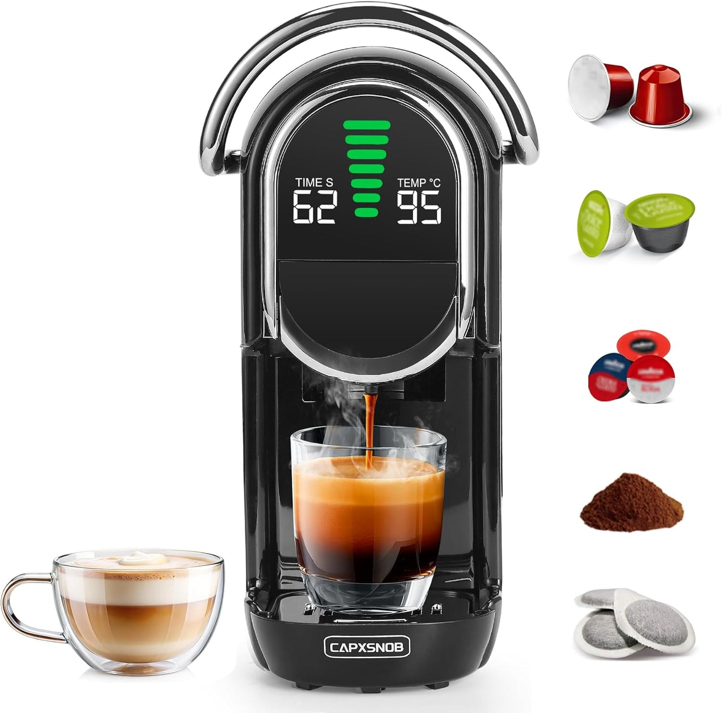 Magician1 Mini Macchina da Caffè Cialde 5in1 per Nespresso Originali, Dolce Gusto, Lavazza A Modo Mio, ESE 44 Cialde e Caffè Macinato, 20 Bar, 1450W, Display LED, Acqua Regolabili 7 Livelli (Rosso)