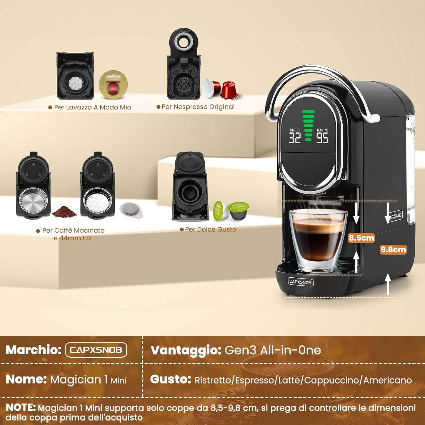 Magician1 Mini Macchina da Caffè Cialde 5in1 per Nespresso Originali, Dolce Gusto, Lavazza A Modo Mio Capsula, ESE 44mm Cialde e Caffè Macinato, 20 Bar, 1450W, Display LED, Acqua Regolabili 7 Livelli