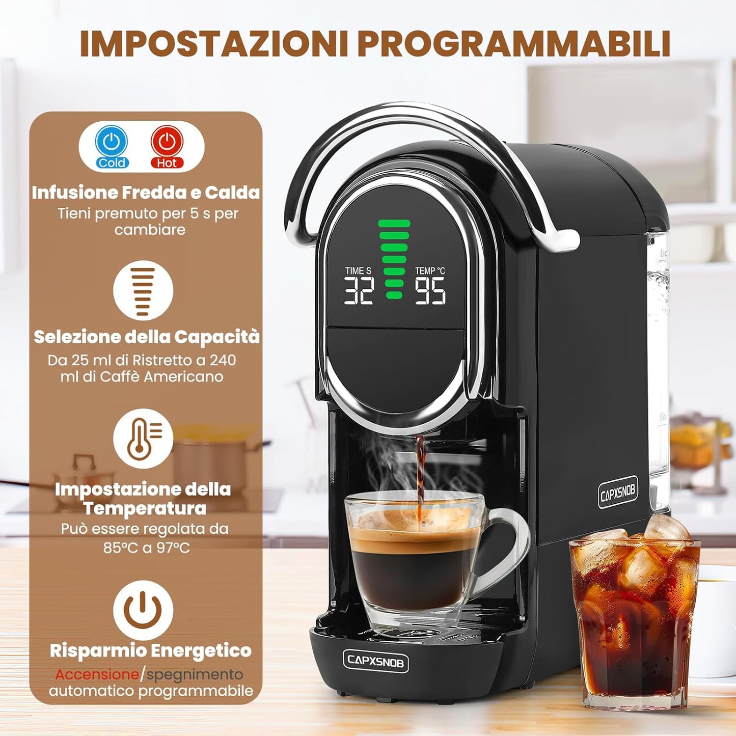 Magician1 Mini Macchina da Caffè Cialde 5in1 per Nespresso Originali, Dolce Gusto, Lavazza A Modo Mio Capsula, ESE 44mm Cialde e Caffè Macinato, 20 Bar, 1450W, Display LED, Acqua Regolabili 7 Livelli