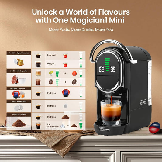 Magician1 Mini Espresso Machine for Nespresso Original, Dolce Gusto, Lavazza Blue, ESE Pods, 19-Bar Coffee Machine for Ground Coffee, Coffee Maker with adjustable Temp & Cup Size, 21oz Reservoir