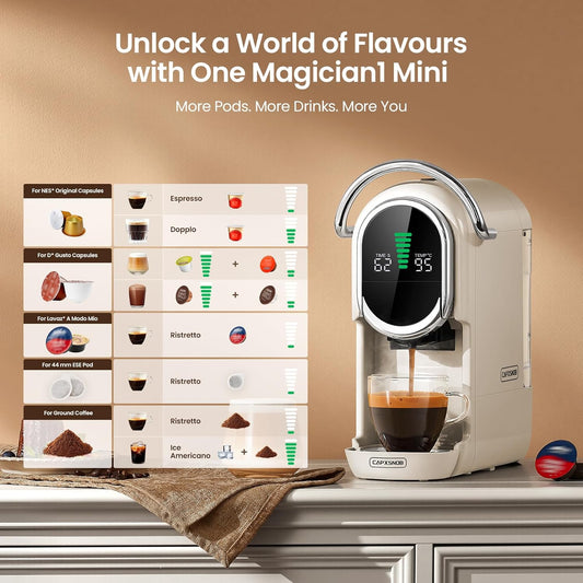 Magician1 Mini Pod Coffee Machines 5 in 1 for Nespresso Original OL, Dolce Gusto, Lavazza A Modo Mio Capsule, ESE 44mm Pads and Espresso Ground Coffee, 20 Bar, 1450W, Hot/Cold Brew for Home & Office