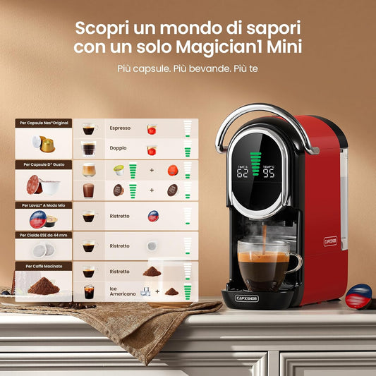 Magician1 Mini Macchina da Caffè Cialde 5in1 per Nespresso Originali, Dolce Gusto, Lavazza A Modo Mio, ESE 44 Cialde e Caffè Macinato, 20 Bar, 1450W, Display LED, Acqua Regolabili 7 Livelli (Rosso)