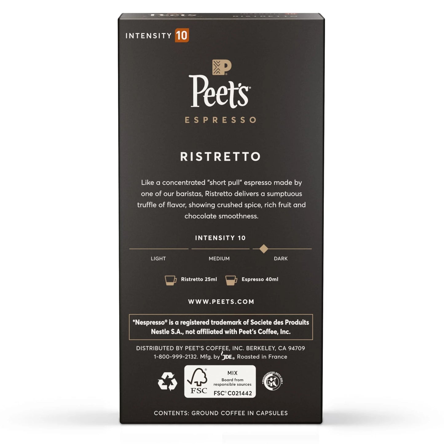 Ristretto Espresso Capsules, Premium Dark Roast Intensity 10, 10 Count, Single Serve Capsules