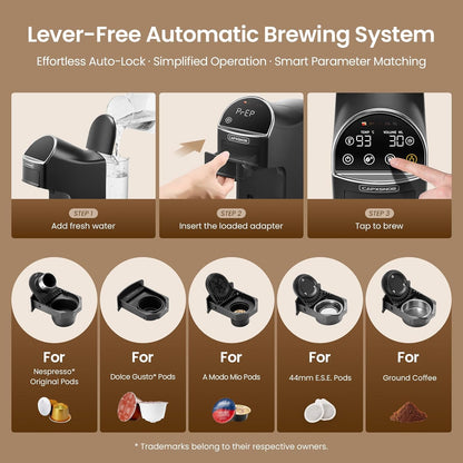 Magician2 Coffee Pod Machine 5-in-1 for Nespresso, Dolce Gusto, Starbucks, ESE 44mm, Lavazza A Modo Mio, Ground Coffee | 20Bars, 1.2L, LED Touchscreen | Espresso Coffee Machine for Home & Office