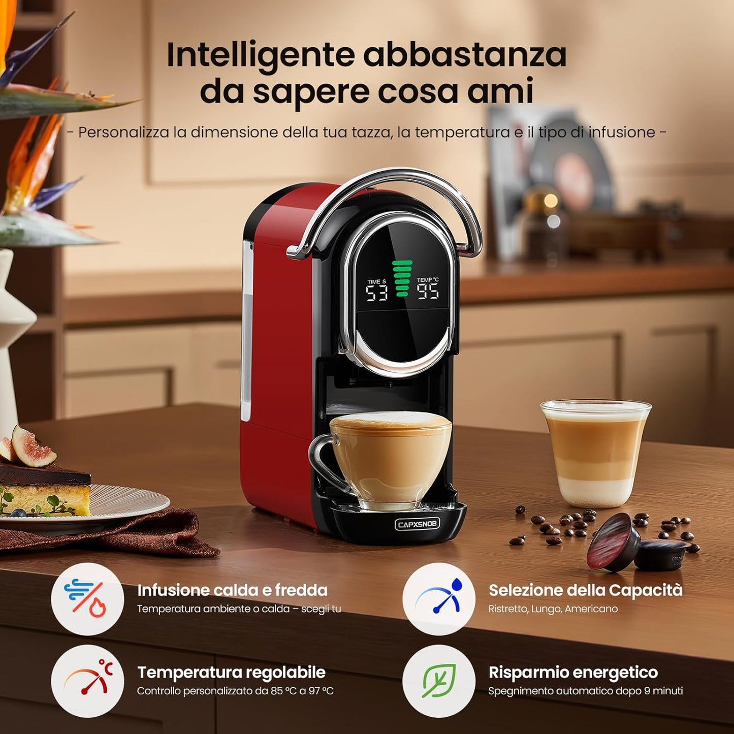 Magician1 Mini Macchina da Caffè Cialde 5in1 per Nespresso Originali, Dolce Gusto, Lavazza A Modo Mio, ESE 44 Cialde e Caffè Macinato, 20 Bar, 1450W, Display LED, Acqua Regolabili 7 Livelli (Rosso)