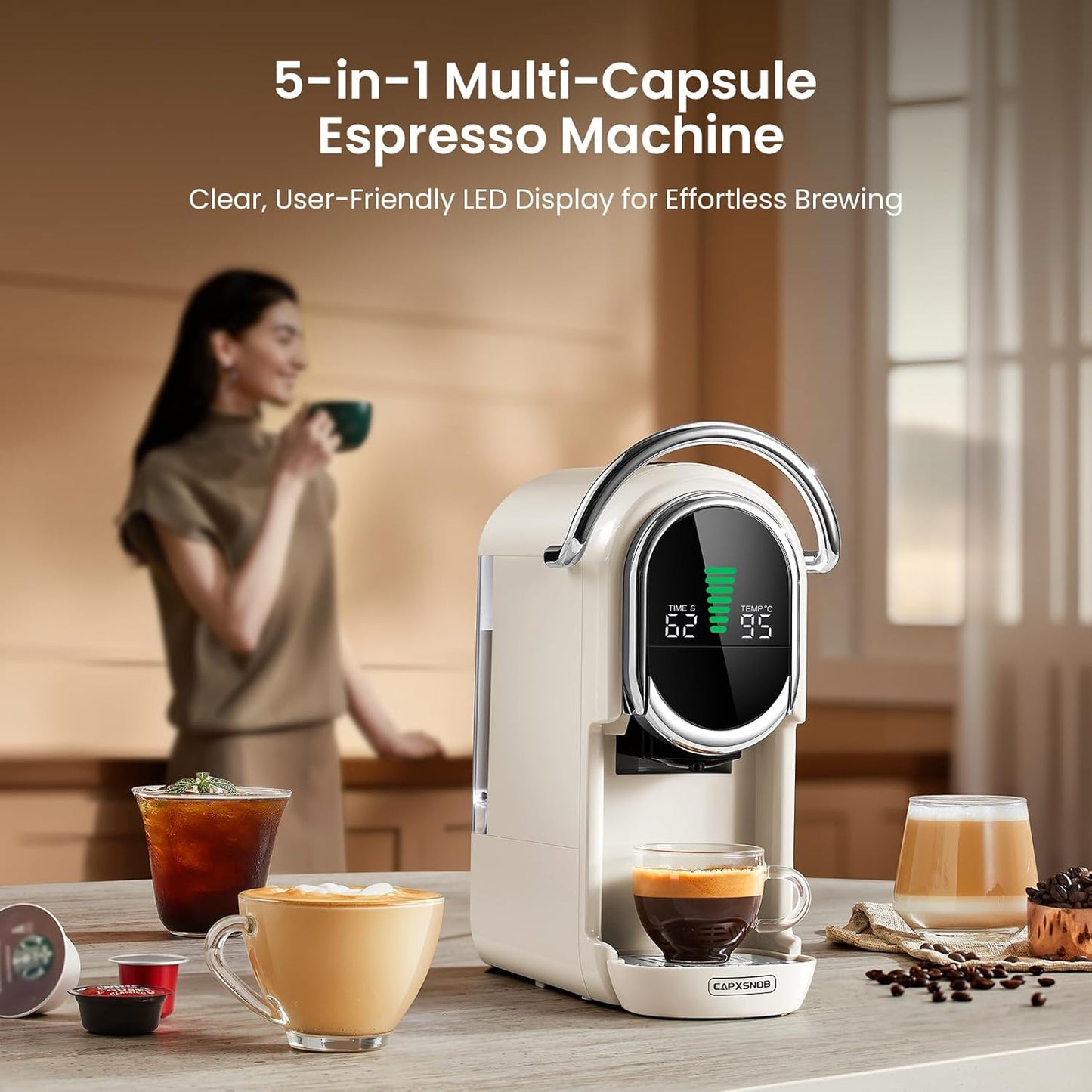 Magician1 Mini Pod Coffee Machines 5 in 1 for Nespresso Original OL, Dolce Gusto, Lavazza A Modo Mio Capsule, ESE 44mm Pads and Espresso Ground Coffee, 20 Bar, 1450W, Hot/Cold Brew for Home & Office