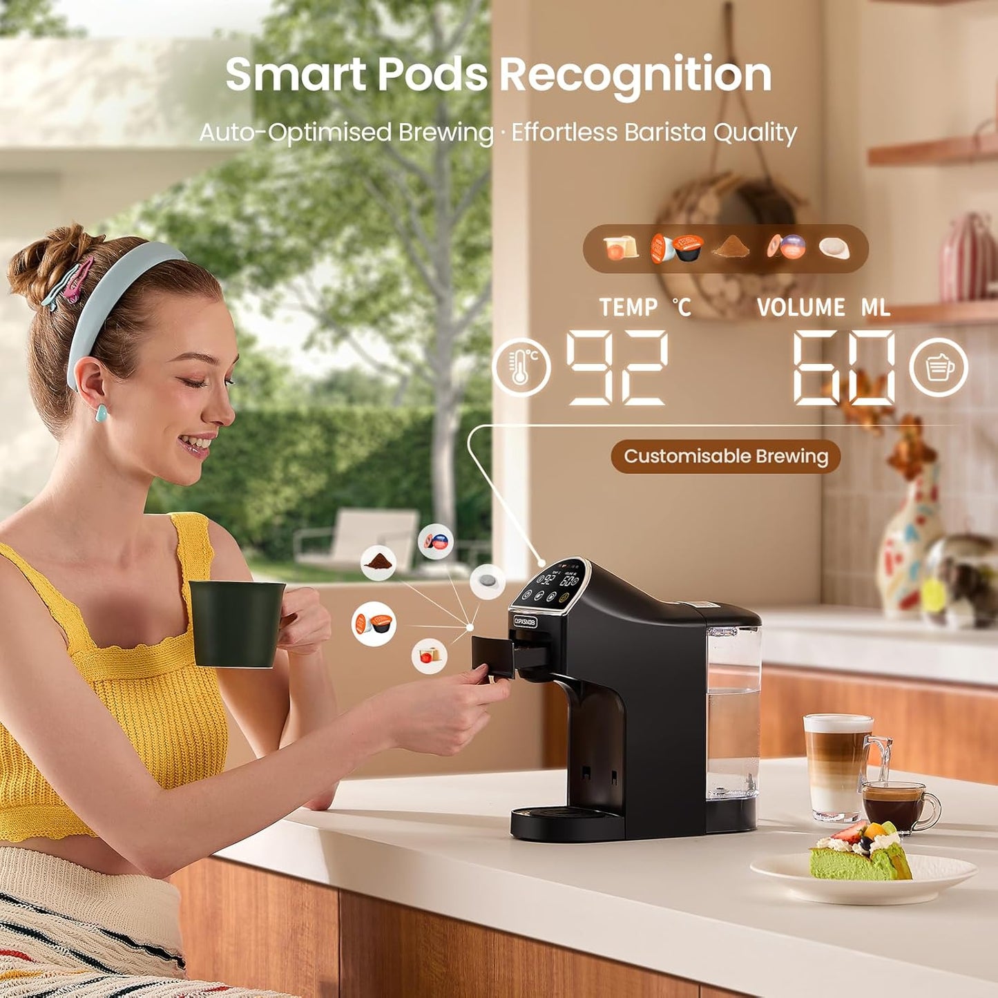 Magician2 Coffee Pod Machine 5-in-1 for Nespresso, Dolce Gusto, Starbucks, ESE 44mm, Lavazza A Modo Mio, Ground Coffee | 20Bars, 1.2L, LED Touchscreen | Espresso Coffee Machine for Home & Office