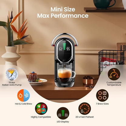 Magician1 Mini Espresso Machine for Nespresso Original, Dolce Gusto, Lavazza Blue, ESE Pods, 19-Bar Coffee Machine for Ground Coffee, Coffee Maker with adjustable Temp & Cup Size, 21oz Reservoir