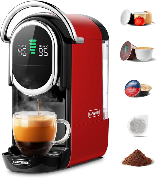 Magician1 Mini Macchina da Caffè Cialde 5in1 per Nespresso Originali, Dolce Gusto, Lavazza A Modo Mio, ESE 44 Cialde e Caffè Macinato, 20 Bar, 1450W, Display LED, Acqua Regolabili 7 Livelli (Rosso)