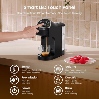 Magician2 Coffee Pod Machine 5-in-1 for Nespresso, Dolce Gusto, Starbucks, ESE 44mm, Lavazza A Modo Mio, Ground Coffee | 20Bars, 1.2L, LED Touchscreen | Espresso Coffee Machine for Home & Office
