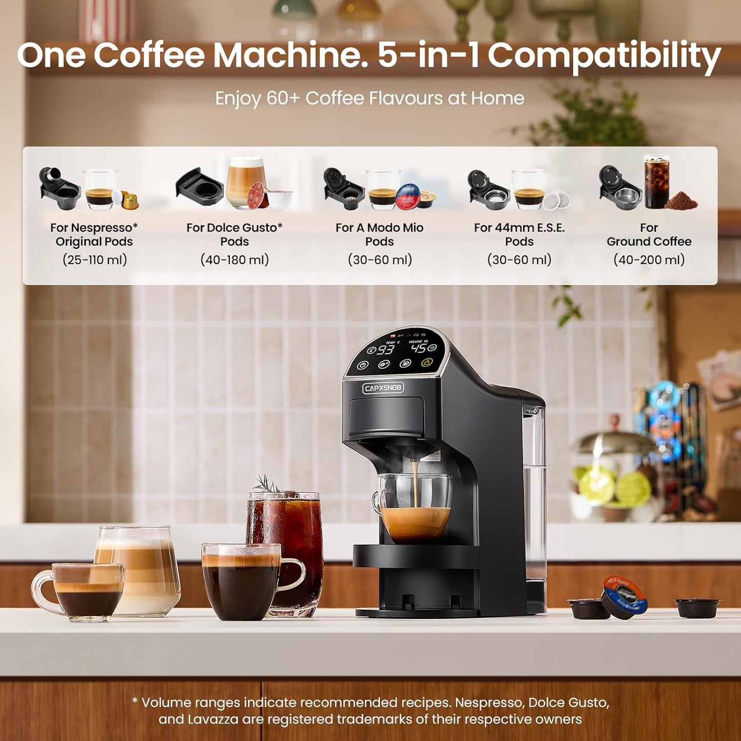 Magician2 Coffee Pod Machine 5-in-1 for Nespresso, Dolce Gusto, Starbucks, ESE 44mm, Lavazza A Modo Mio, Ground Coffee | 20Bars, 1.2L, LED Touchscreen | Espresso Coffee Machine for Home & Office