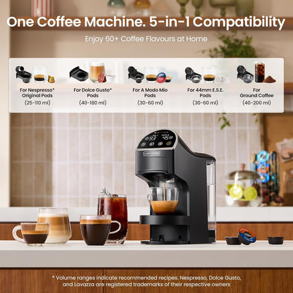 Magician2 Coffee Pod Machine 5-in-1 for Nespresso, Dolce Gusto, Starbucks, ESE 44mm, Lavazza A Modo Mio, Ground Coffee | 20Bars, 1.2L, LED Touchscreen | Espresso Coffee Machine for Home & Office
