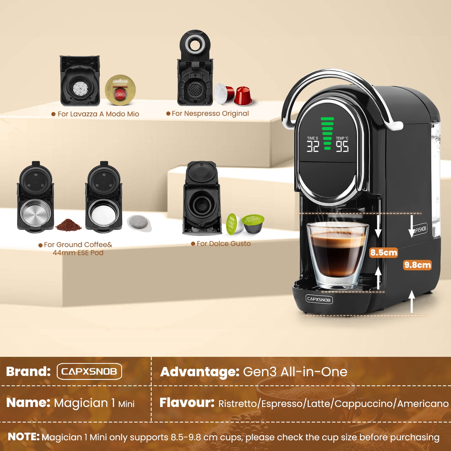 Magician1 Mini Versatile 5in1 Macchina per cialde da caffè compatibile con Nespresso originale, Dolce Gusto, Lavazza A Modo Mio Capsule, cialde ESE 44mm e caffè macinato