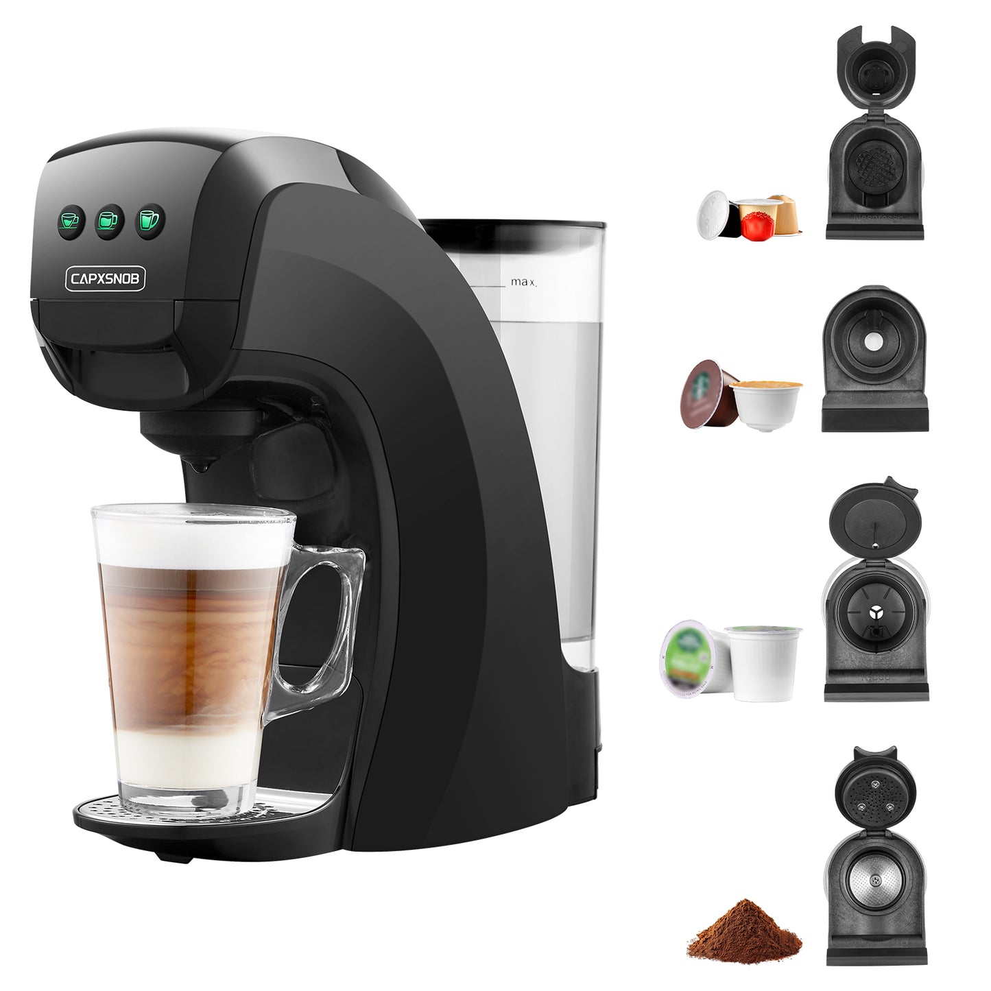 Warroirs1 Versatile 4in1 Macchina per cialde da caffè compatibile con Nespresso originale, Dolce Gusto, Lavazza Point Capsule e caffè macinato 