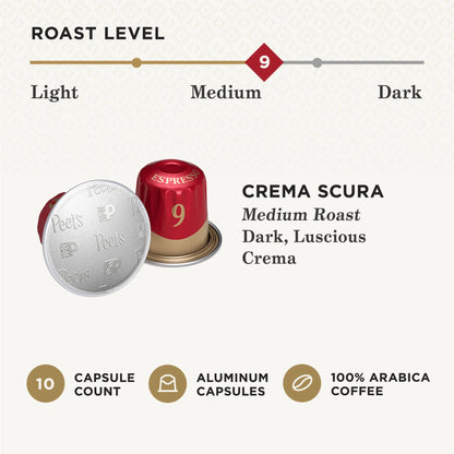 Crema Scura Espresso Coffee Pods, Premium Medium Roast Intensity 9, 10 Count, Single Serve Capsules