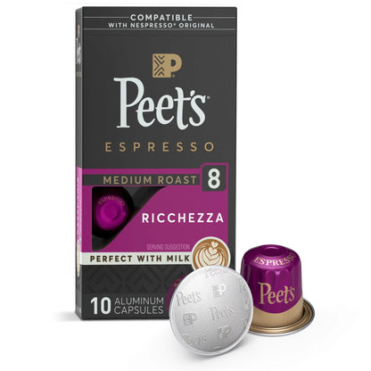 Ricchezza Espresso Coffee Pods, Premium Medium Roast Intensity 8, 10 Count, Single Serve Capsules